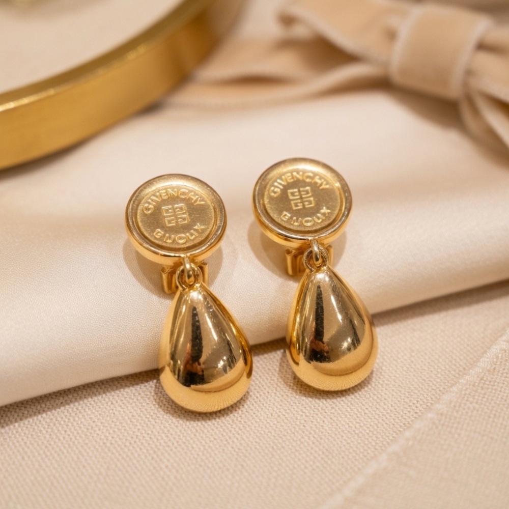 Vintage Stamped GIVENCHY BIJOUX Gold Tone Tear Drop Dangle Clip on Earrings